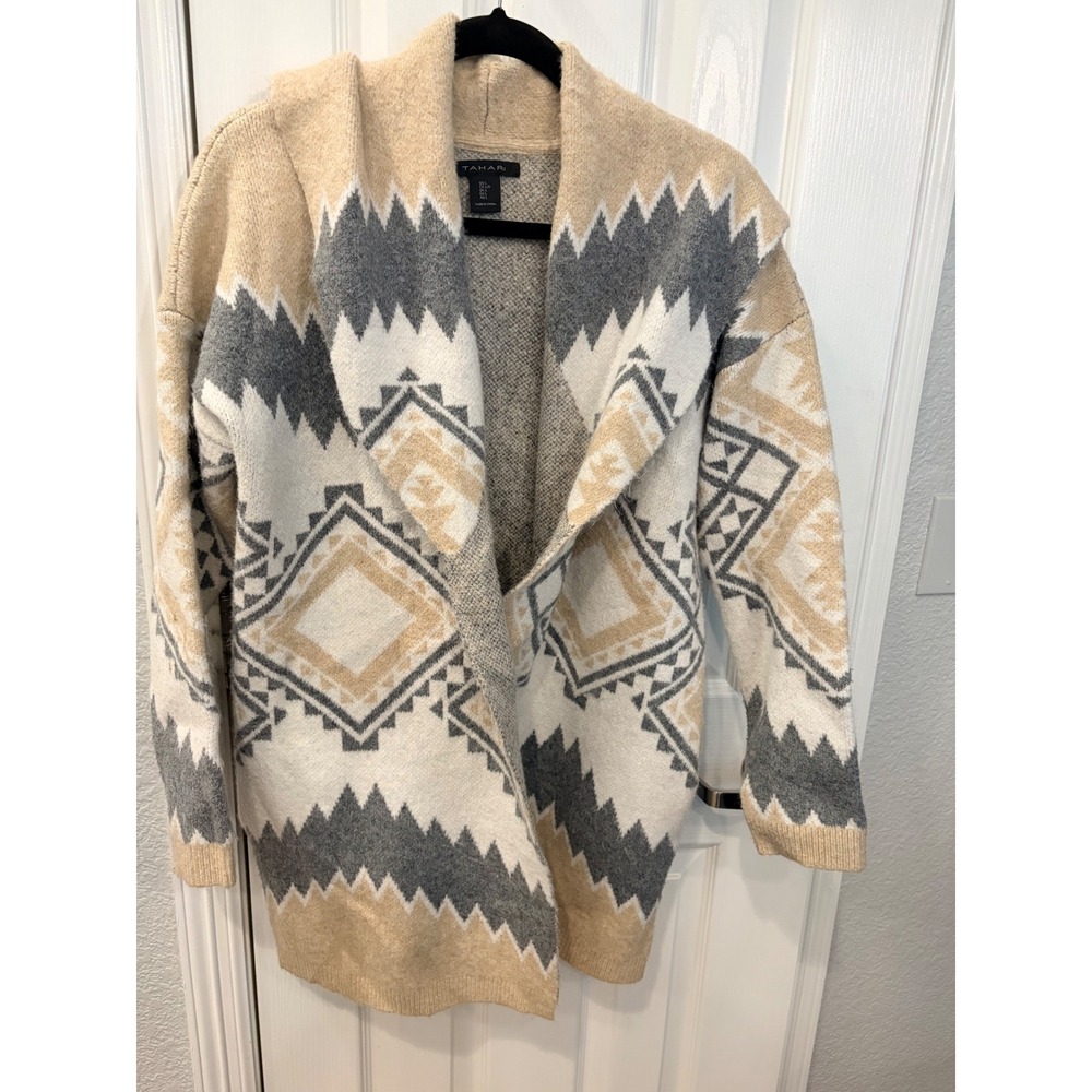 Tahari Cardigan Sweater Tan Grey Geometric Hooded Open Front Knit Coatigan